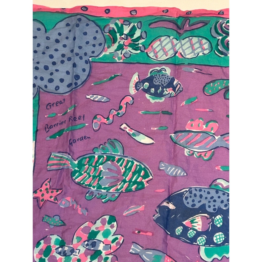 Vintage KEN DONE Fish Scarf Great Barrier Reef Ocean Scene Cotton‎ Made in JAPAN - Picture 4 of 9